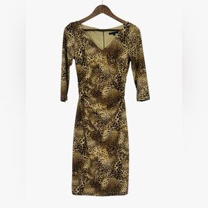 David Meister Leopard Animal Print V-Neck Ruched Waist Midi Dress sz4 3/4 Sleeve